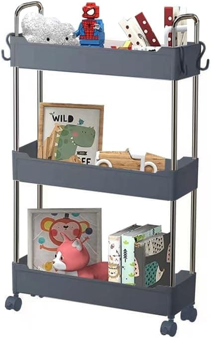 GLOBALMIX - Carrinho de armazenamento de 3 níveis com alças pegas e Ganchos carrinho com rodas, carrinho de cozinha, economia de espaço, Banheiro, casa de banho, Quarto, escritório, 12 x 40 x 62 cm [SKU GH206]
