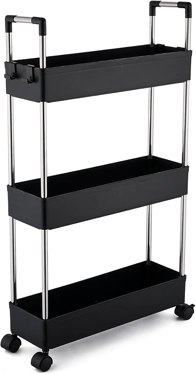 GLOBALMIX - Carrinho de armazenamento de 3 níveis com alças pegas e Ganchos carrinho com rodas, carrinho de cozinha, economia de espaço, Banheiro, casa de banho, Quarto, escritório, 12 x 40 x 62 cm [SKU GH204]