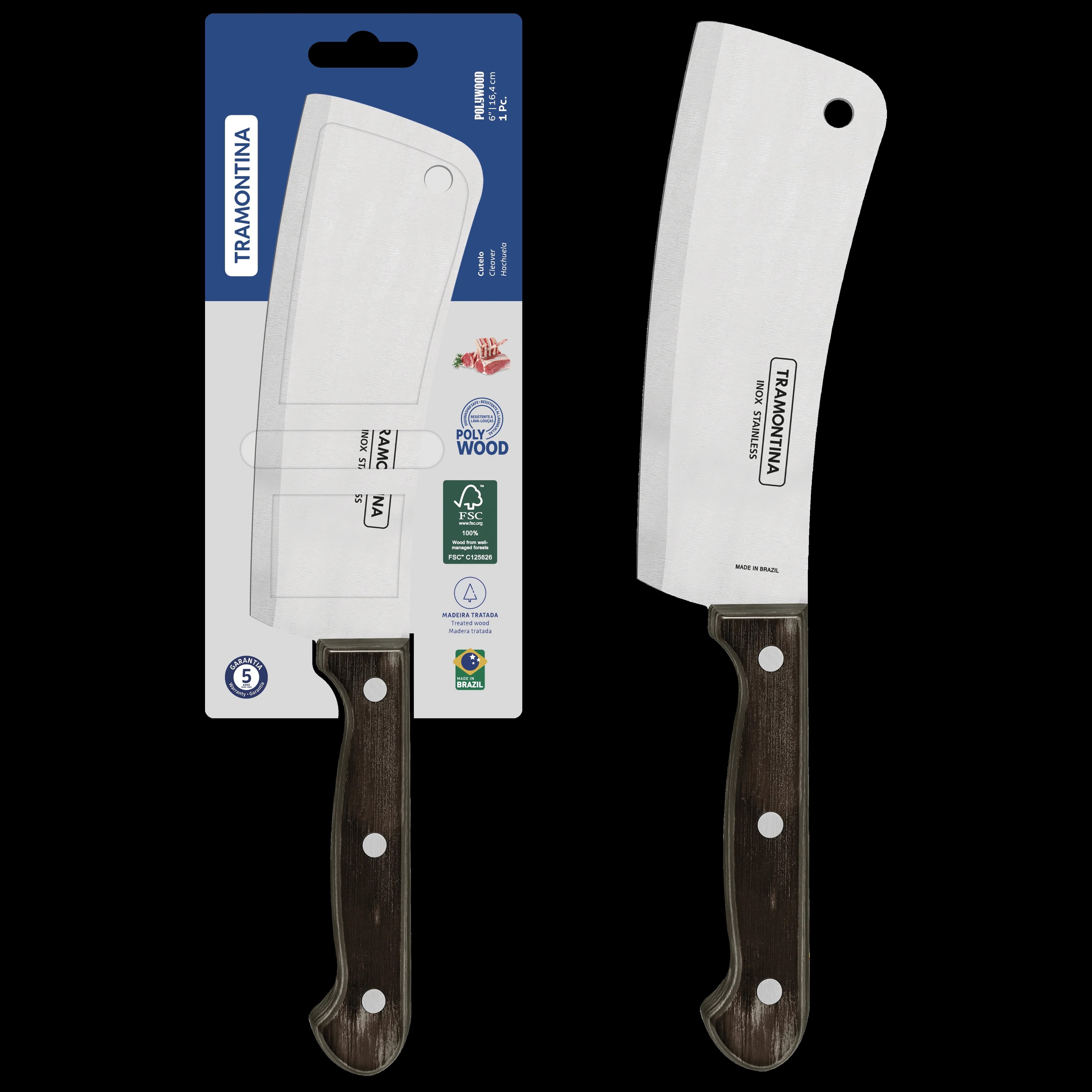 Machado Tramontina Polywood com cabo de aço inoxidável e madeira de castanheiro tratada, 15 cm