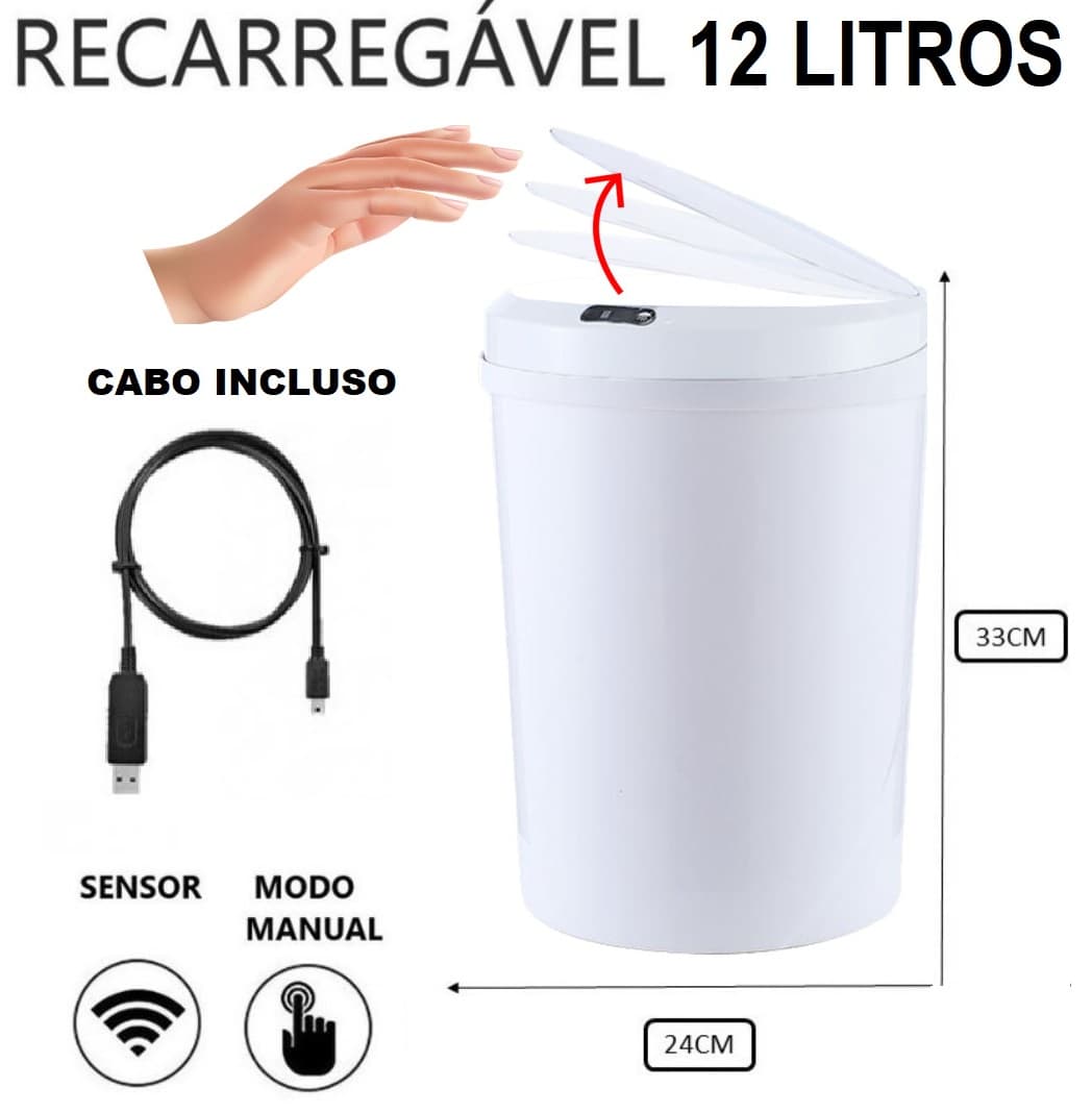 Lixeira redonda, recarregável USB, branco 12L com sensor de proximidade 24*24*33cm GH104