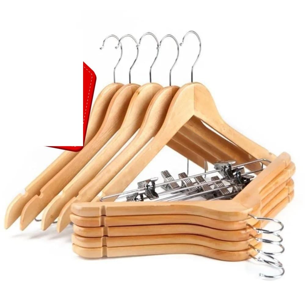 Cabide de madeira marfim natural com silicone antideslizante e presilhas - pack 5 und - GH314