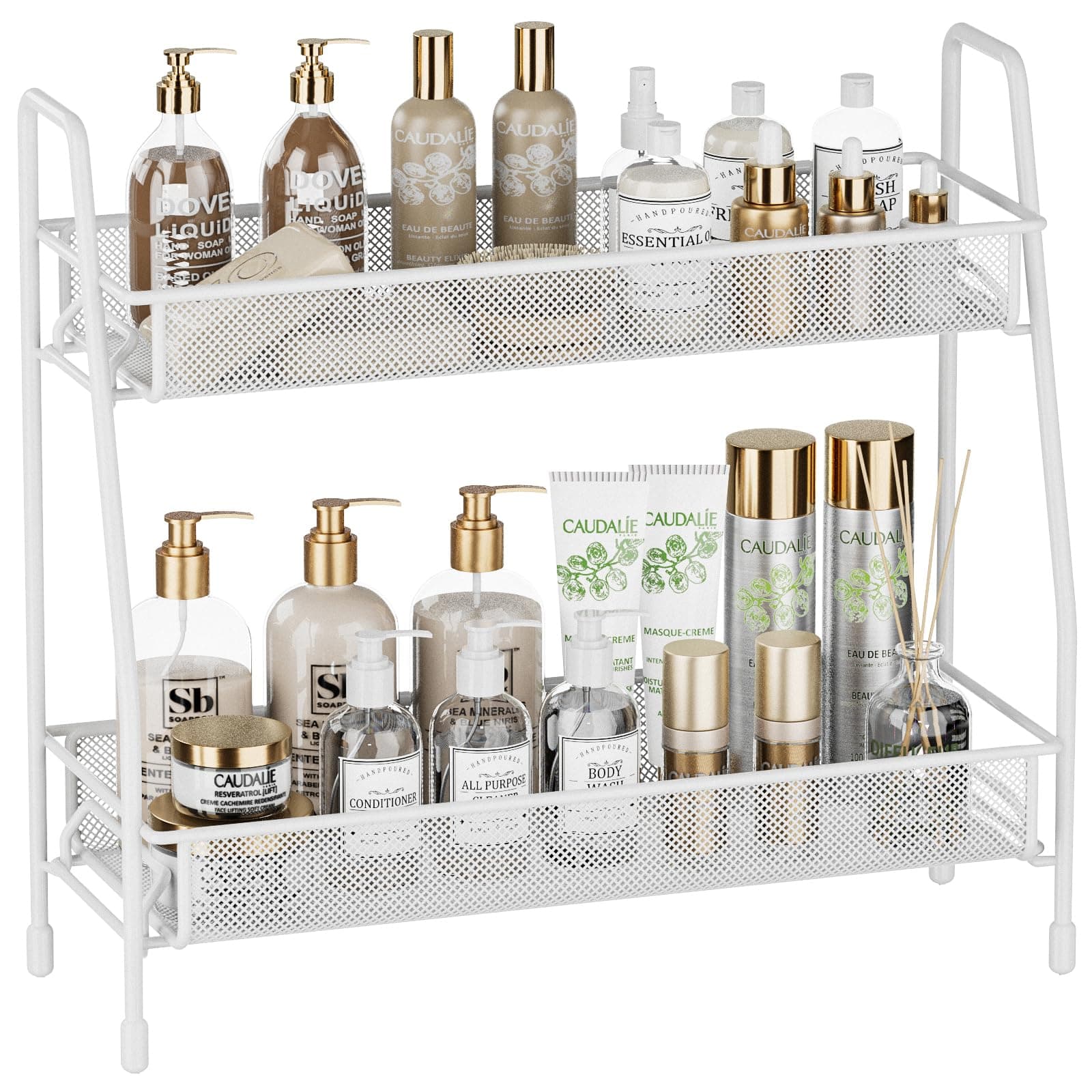 Organizador multiuso aramado com cesto lateral - 2 andares para banheiro e cozinha - Branco - GH213