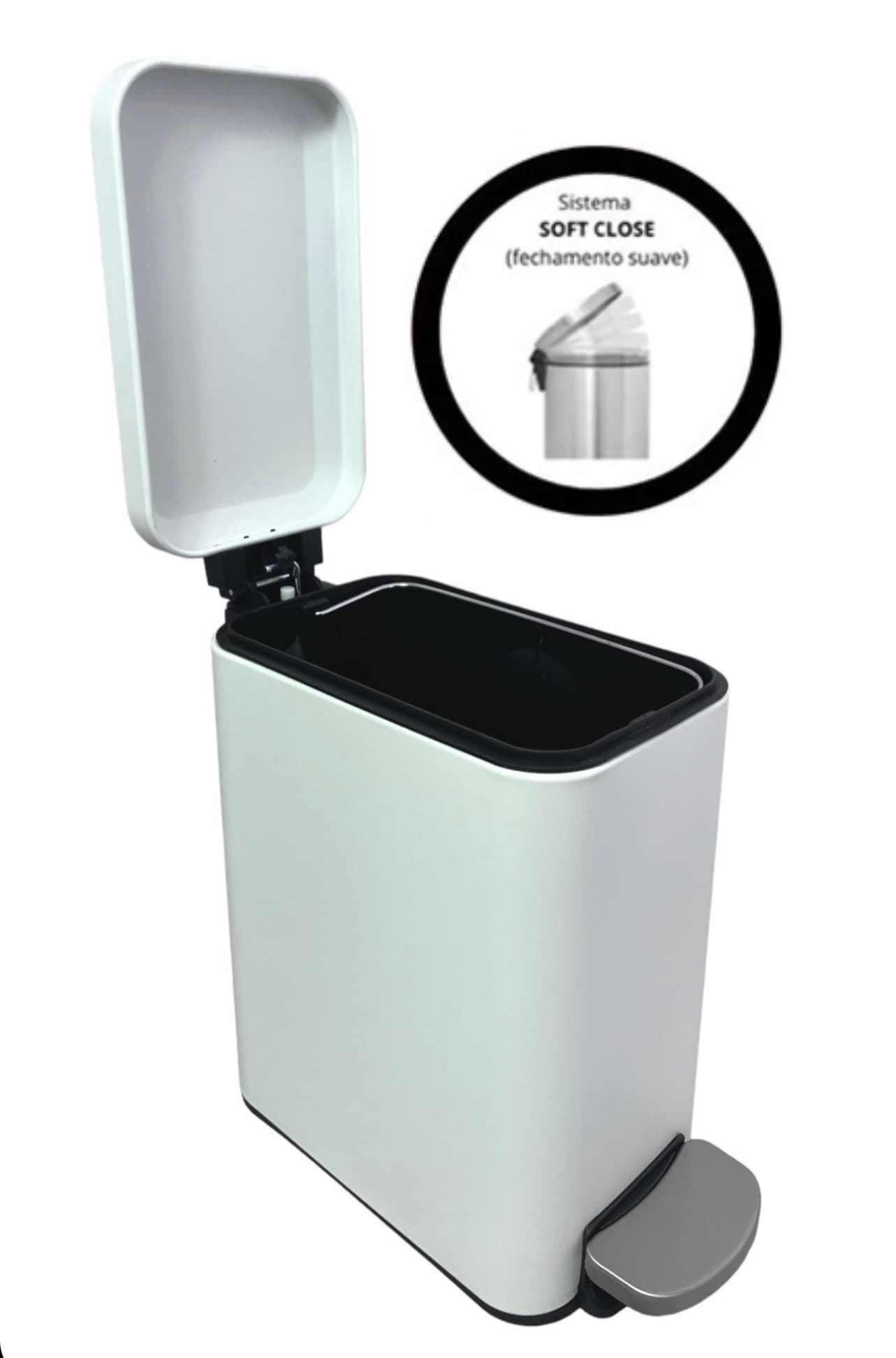 Lixeira retangular slim branca 6L com pedal e fechamento suave da tampa 29x14x30cm - GH117