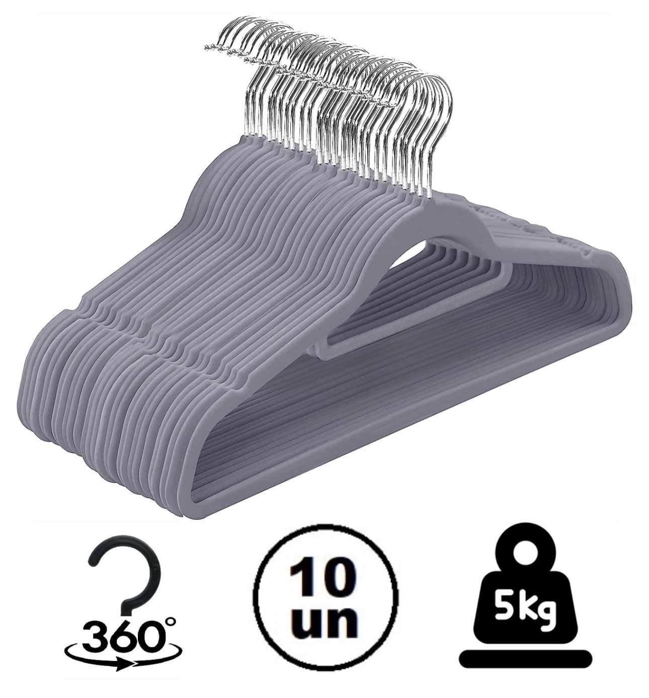 Cabide Slim Velvet veludo cinza revestido 42cm GlobalMix - pack 10 Und -GH306